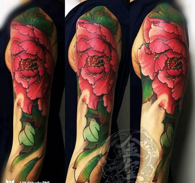 牡丹纹身图片_手臂传统植物金玺刺青于光明金玺培训小红老师小花老师成品手稿纹身图案