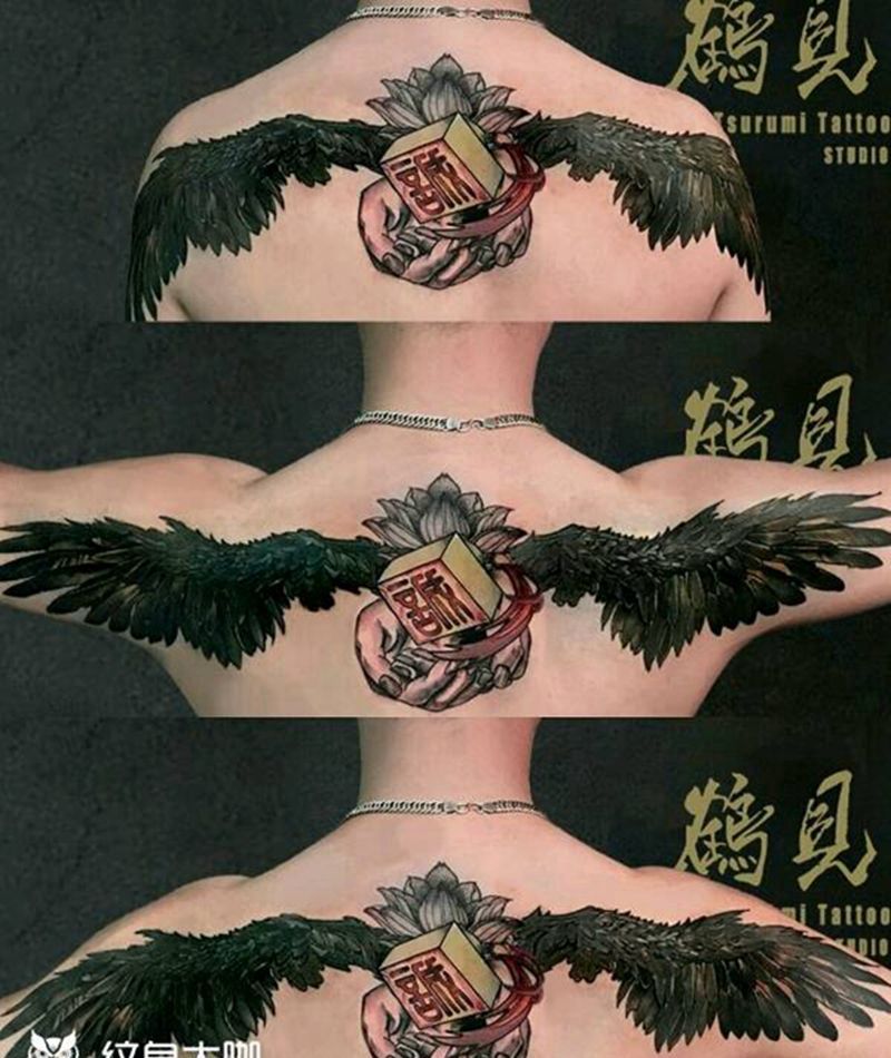 鹤见原创【玉玺翅膀】纹身图片_背部欧美写实动物鬼神宗教原创成品纹身图案