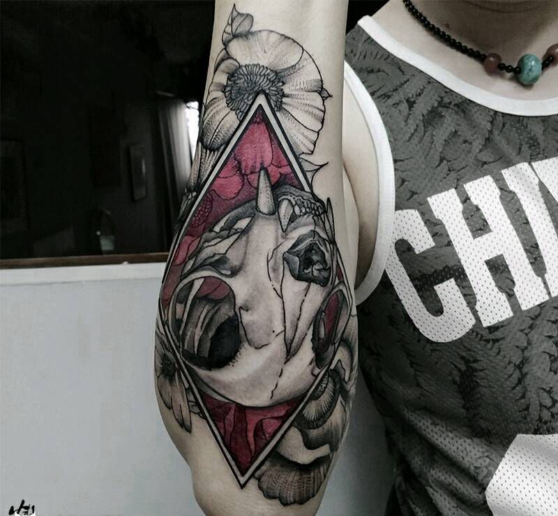 【头骨&花花】纹身图片_手臂欧美习俗清新写实动物植物成品纹身图案