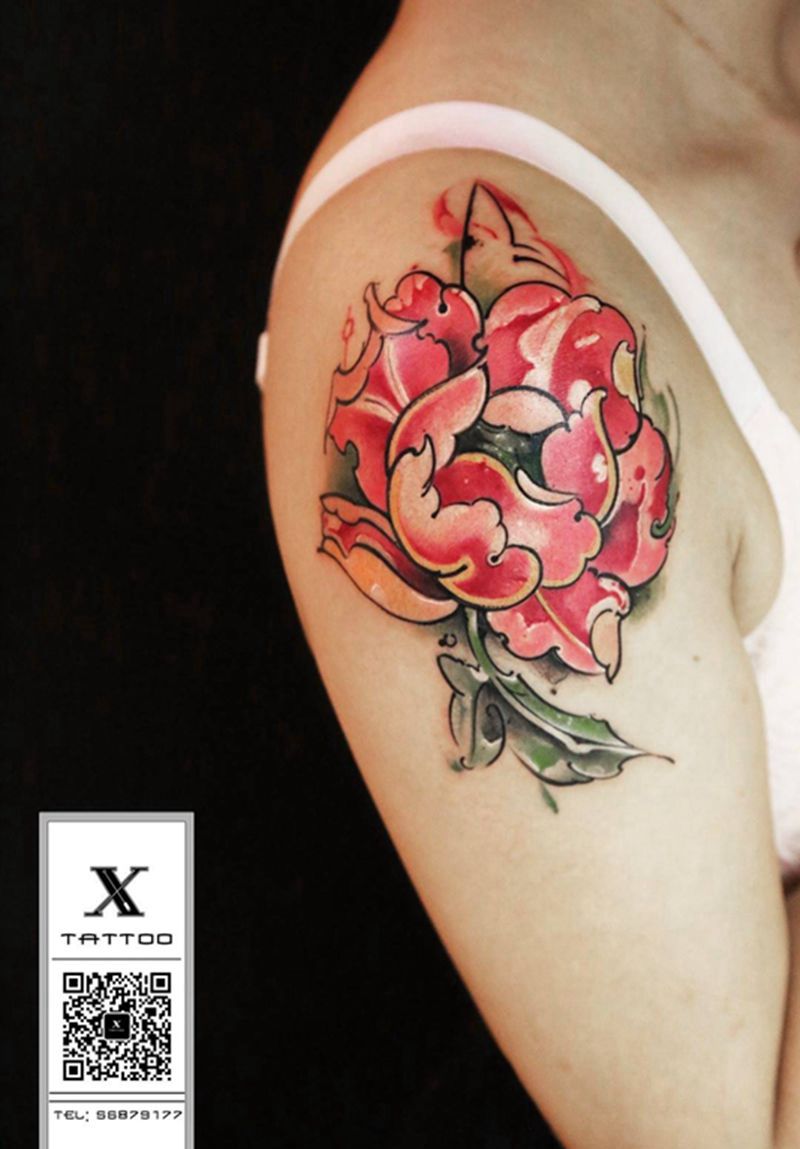 牡丹纹身图片_成品肩部欧美原创静物传统纹身图案