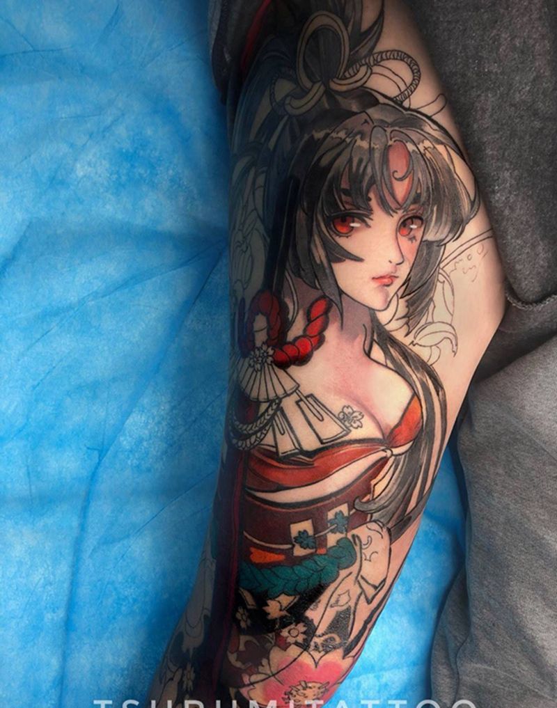 【妖刀姬】花腿未完纹身图片_腿部脚部New School动漫妖刀姬阴阳师纹身图案