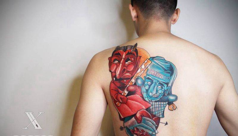 小丑纹身图片_成品背部欧美小丑纹身图案