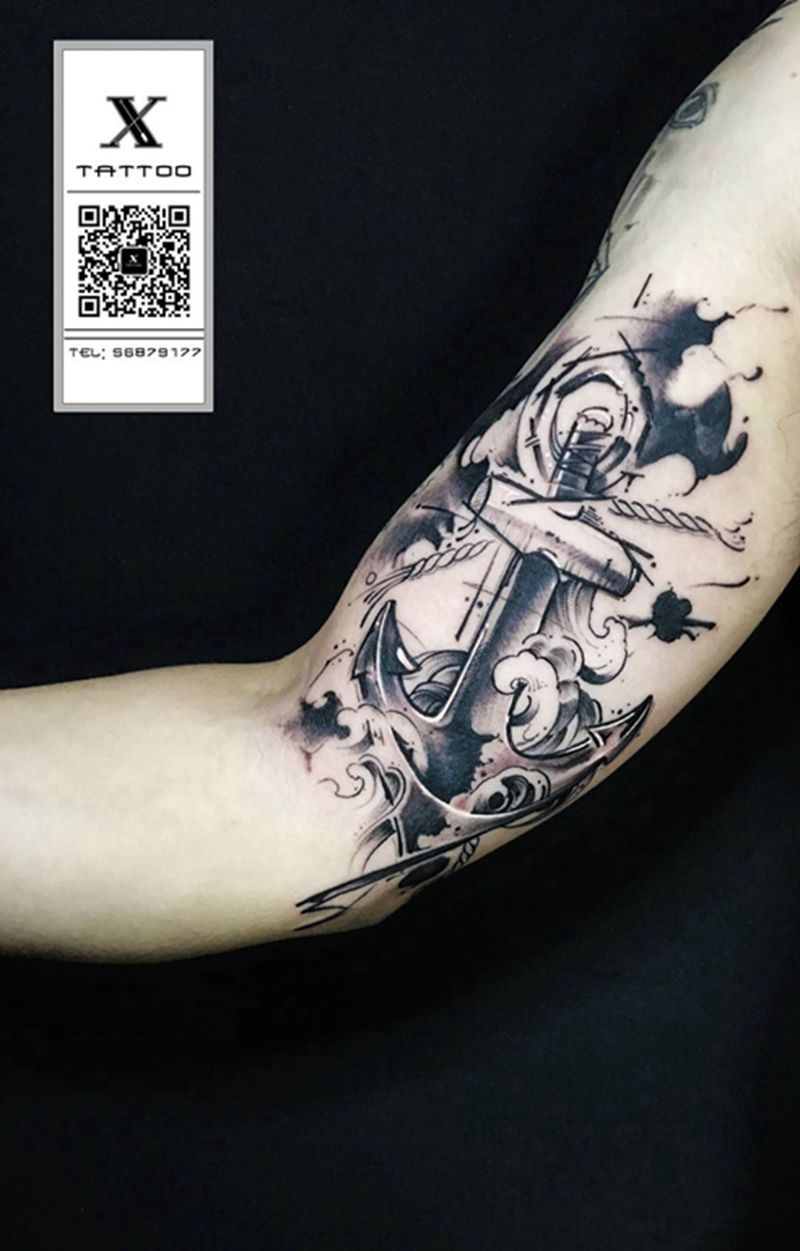 船锚纹身图片_成品手臂欧美字符几何静物原创纹身图案