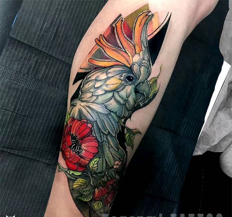 鹤见原创【葵花鹦鹉】纹身图片_腿部清新写实动物植物静物原创成品纹身图案