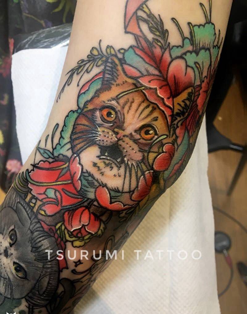 鶴見原创【花包猫】纹身图片_成品手稿手臂写实肖像原创动物植物纹身图案