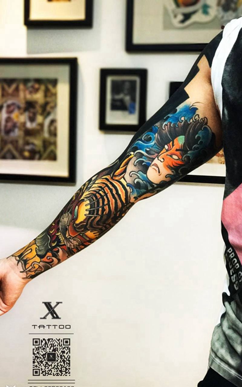 花臂纹身图片_成品手臂传统鬼神宗教人物纹身图案