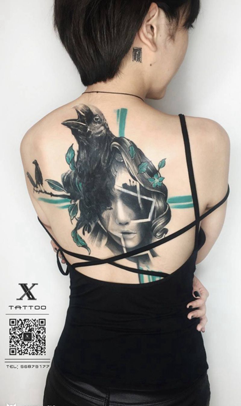 遮盖纹身图片_成品背部欧美肖像写实原创纹身图案