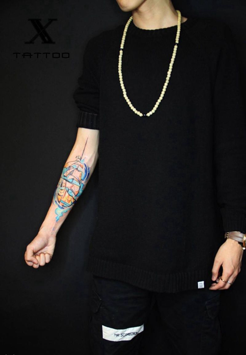 帆船纹身图片_成品手臂欧美概念纹身图案