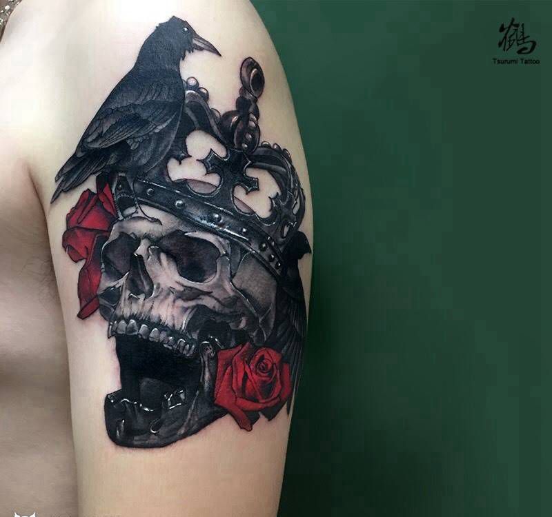 原创【骷髅乌鸦】纹身图片_成品手臂写实欧美原创植物鬼神纹身图案
