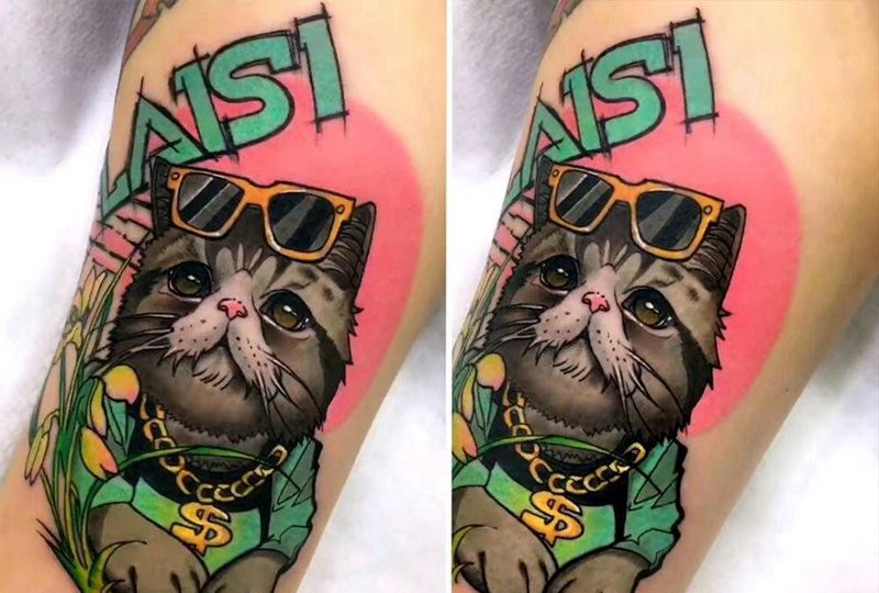 鹤见原创【莱斯猫】纹身图片_肩部清新写实动物植物原创成品纹身图案