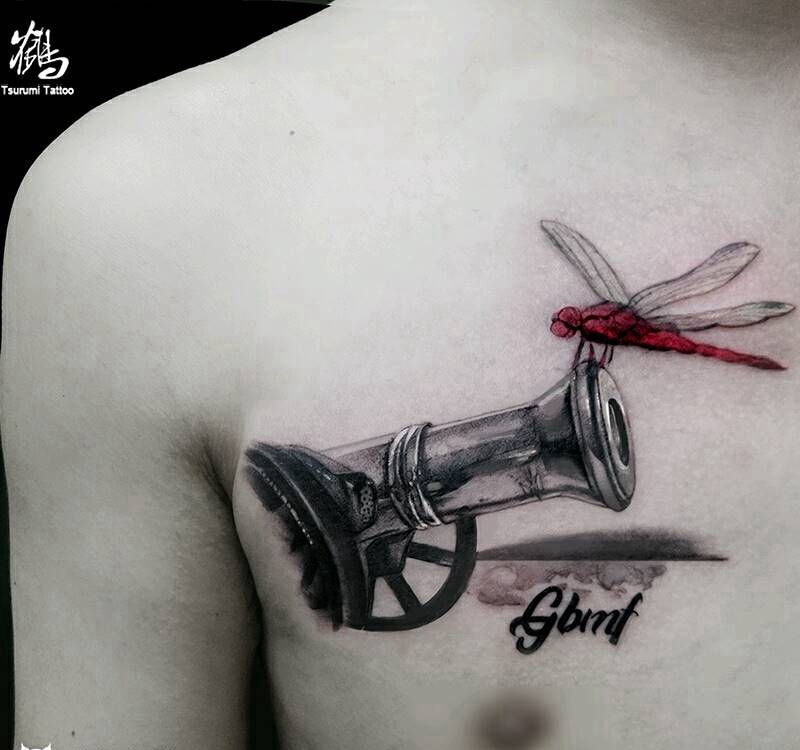 原创【炮&红蜻蜓】纹身图片_胸部写实静物原创成品纹身图案