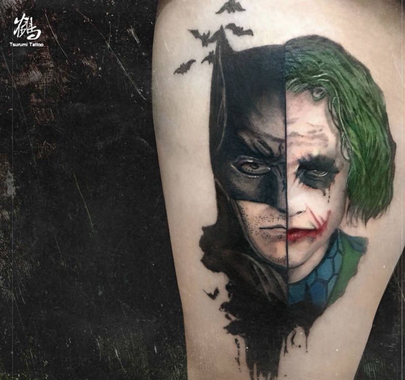 大本&希斯莱杰纹身图片_成品腿部欧美写实原创人物纹身图案