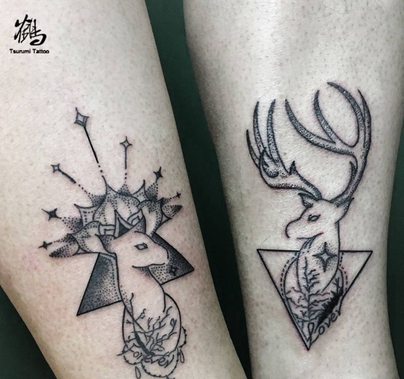 一对deer纹身图片_成品腿部清新几何动物原创纹身图案