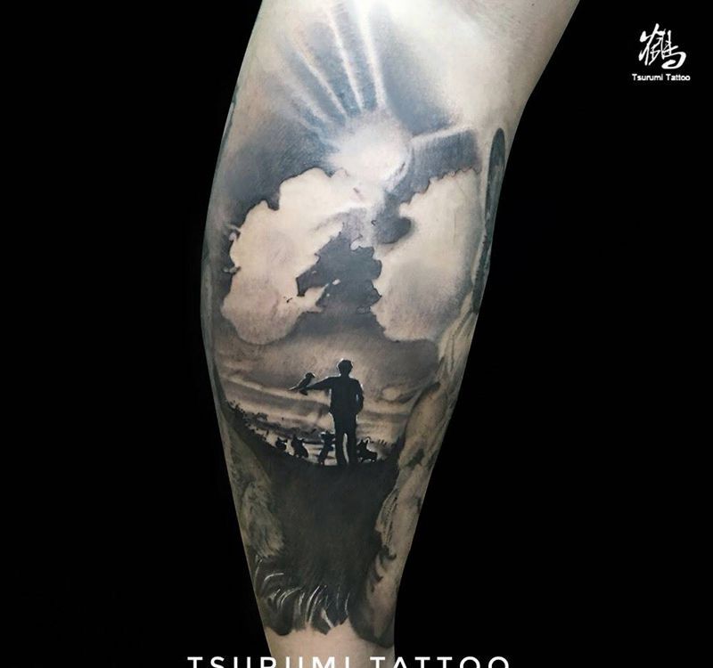 【他的生活】纹身图片_成品腿部欧美写实原创人物纹身图案