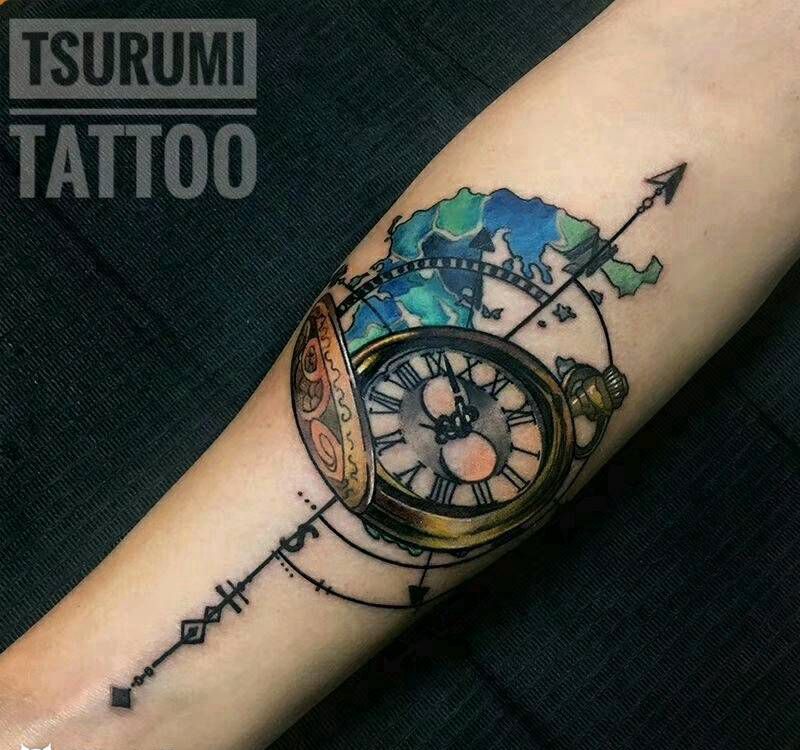 鹤见原创【怀表希腊地图】纹身图片_手臂清新静物原创成品纹身图案