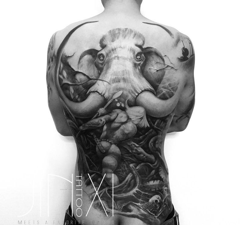 猛犸象满背纹身图片_