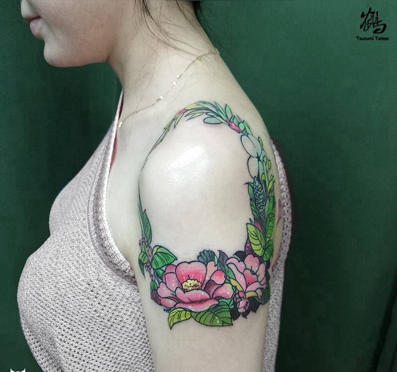 原创 花环纹身图片_成品肩部手臂清新原创植物纹身图案