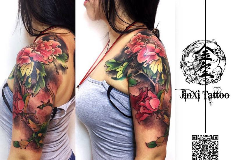 彩色牡丹王道中纹身图片_金玺刺青于光明培训刺青培训成品手稿传统植物肩部臀部纹身图案