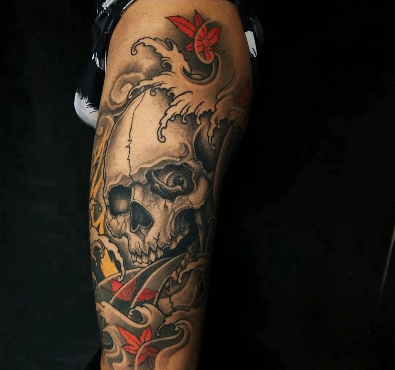 CZ纹身图片_腿部新传统嘎巴拉 水浪纹身图案