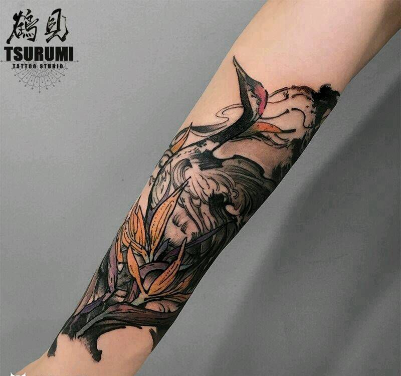 鹤见原创私人定制刺青【鹤】纹身图片_手臂手部传统清新国画动物植物静物原创成品纹身图案