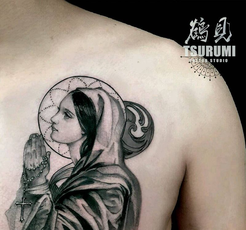 鹤见原创私人定制刺青【玛利亚】纹身图片_胸部欧美写实鬼神原创成品纹身图案
