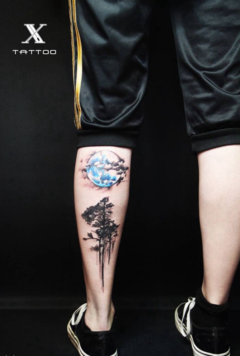 月与树纹身图片_成品腿部清新原创纹身图案
