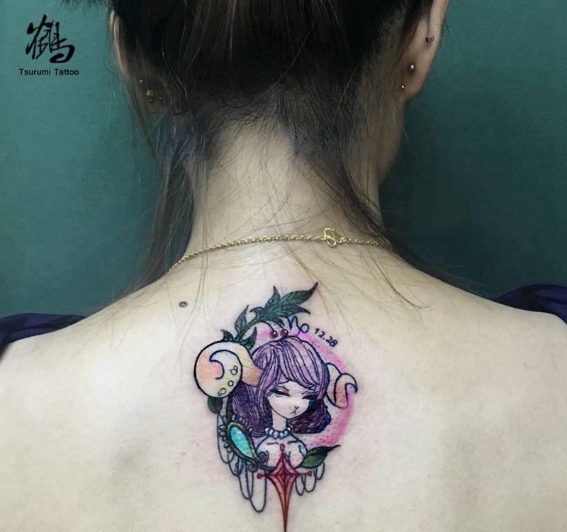 原创摩羯座纹身图片_成品手稿背部清新原创人物纹身图案