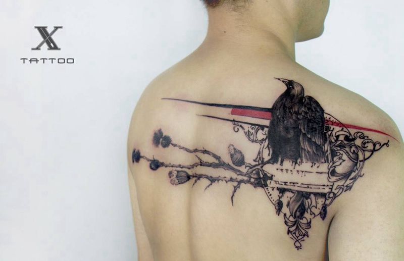 乌鸦纹身图片_成品背部原创遮盖纹身图案