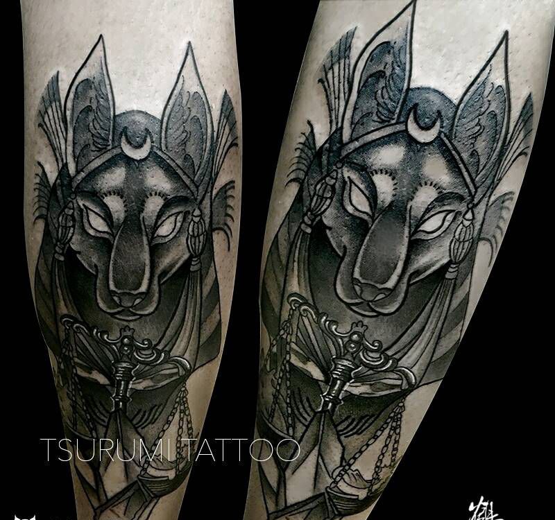 鹤见原创【Anubis】纹身图片_腿部欧美传统习俗动物鬼神原创成品手稿纹身图案