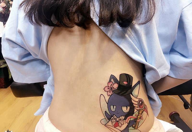 遮盖【斯比奈鲁·太阳】纹身图片_成品手稿腰部清新动物原创人物纹身图案