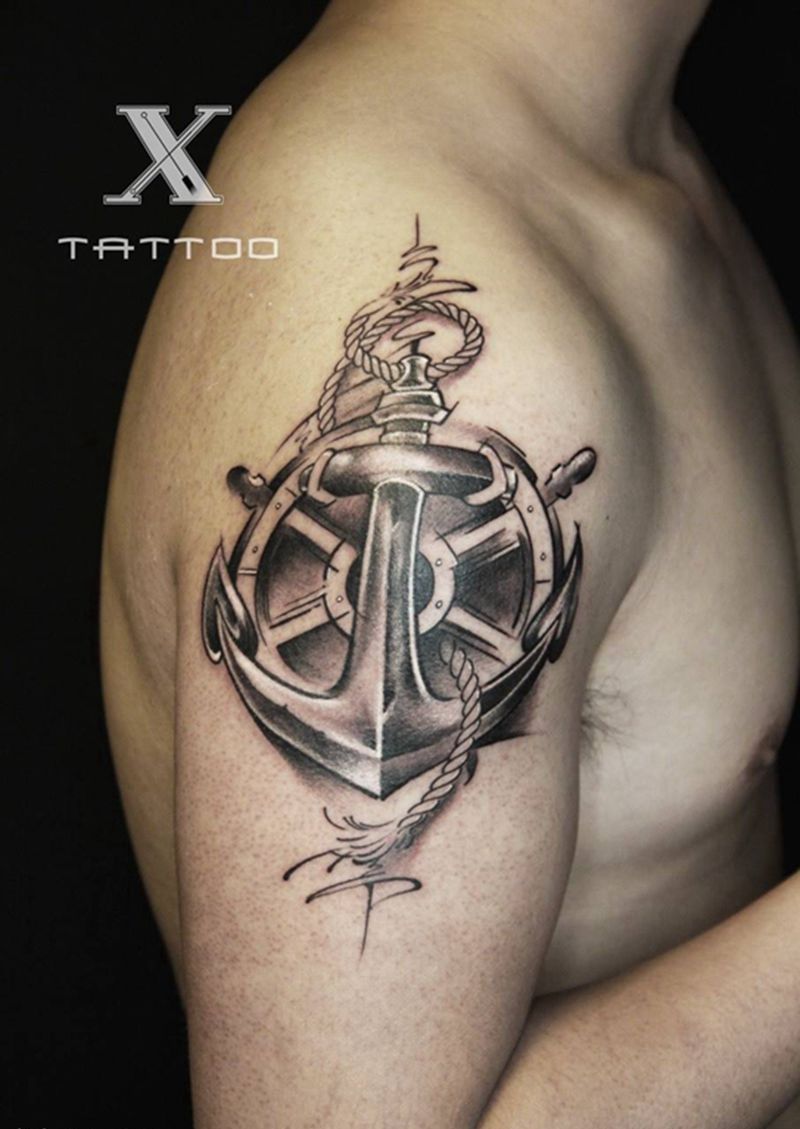 船锚与船舵纹身图片_成品手臂故事原创纹身图案