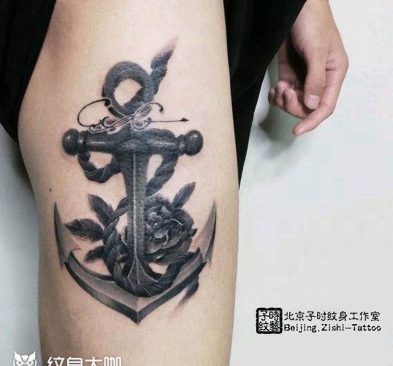 船锚纹身图片_手部腿部欧美写实纹身图案