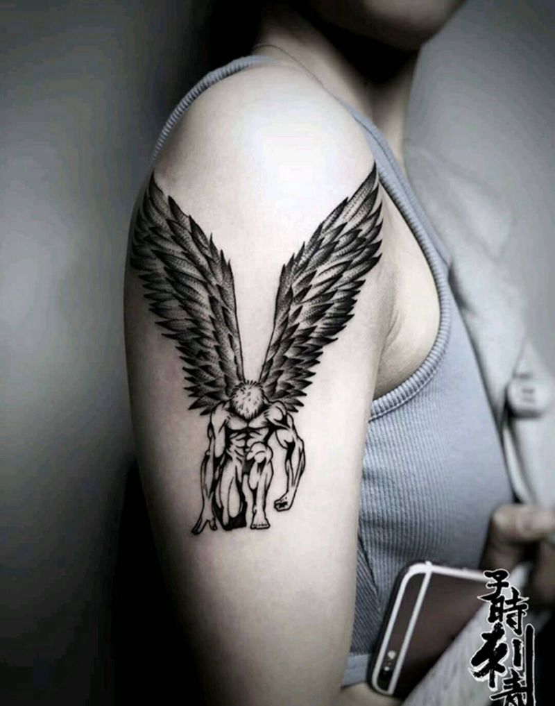 天使纹身图片_手臂欧美写实点刺纹身图案