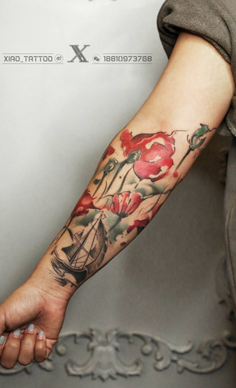 花臂罂粟纹身图片_成品手臂欧美原创纹身图案