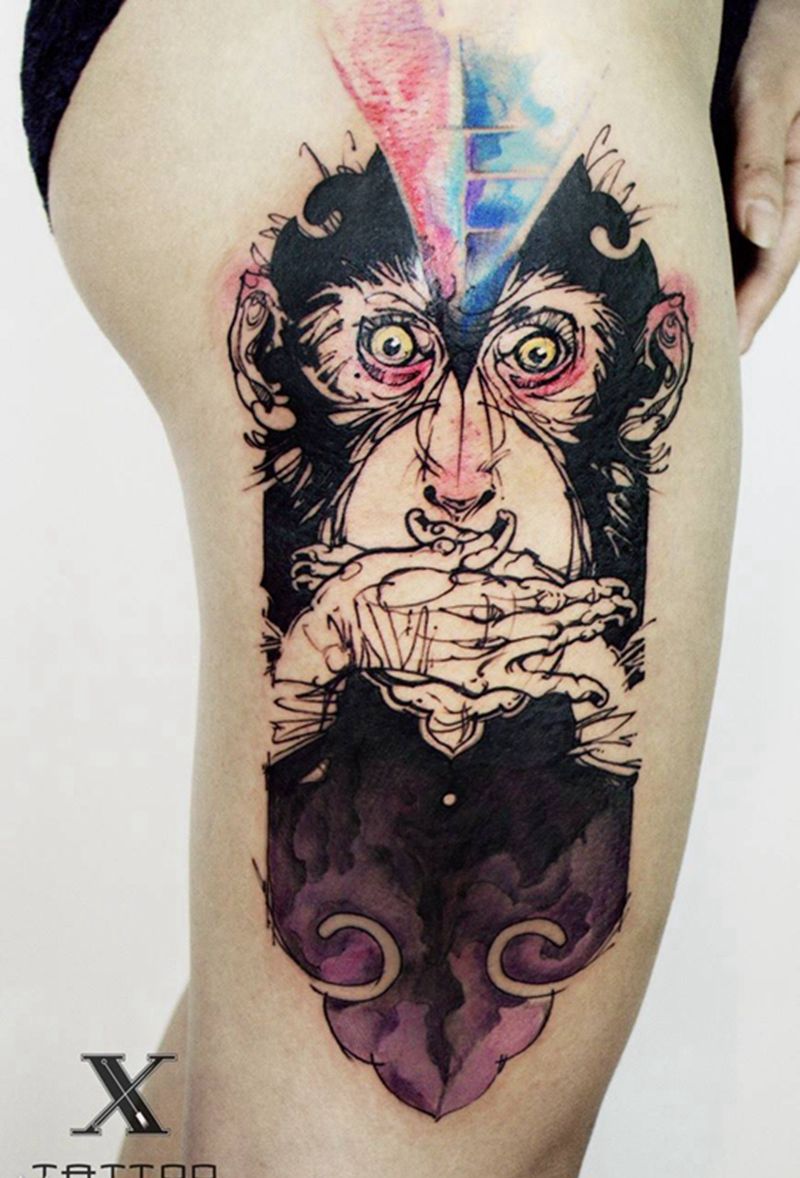 进化闭嘴猴纹身图片_成品欧美腿部动物概念可爱系纹身图案