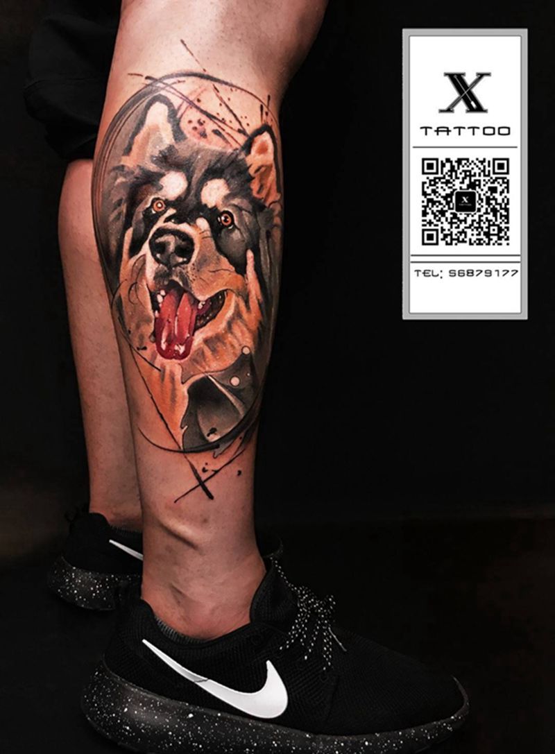 狗狗纹身图片_成品腿部欧美写实动物原创纹身图案