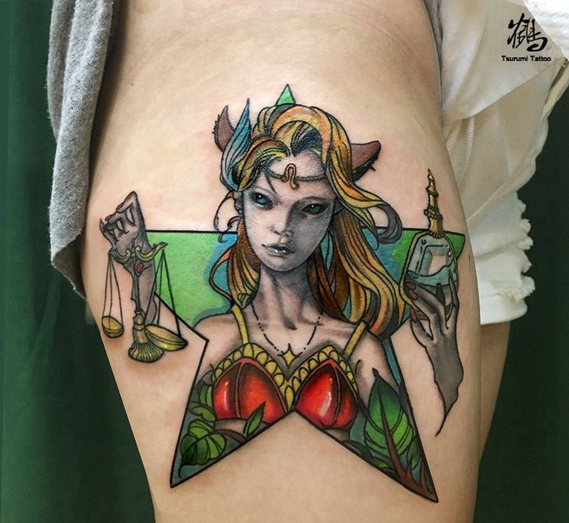 狮子&天平&水瓶纹身图片_成品手稿腿部清新肖像原创植物人物宗教纹身图案
