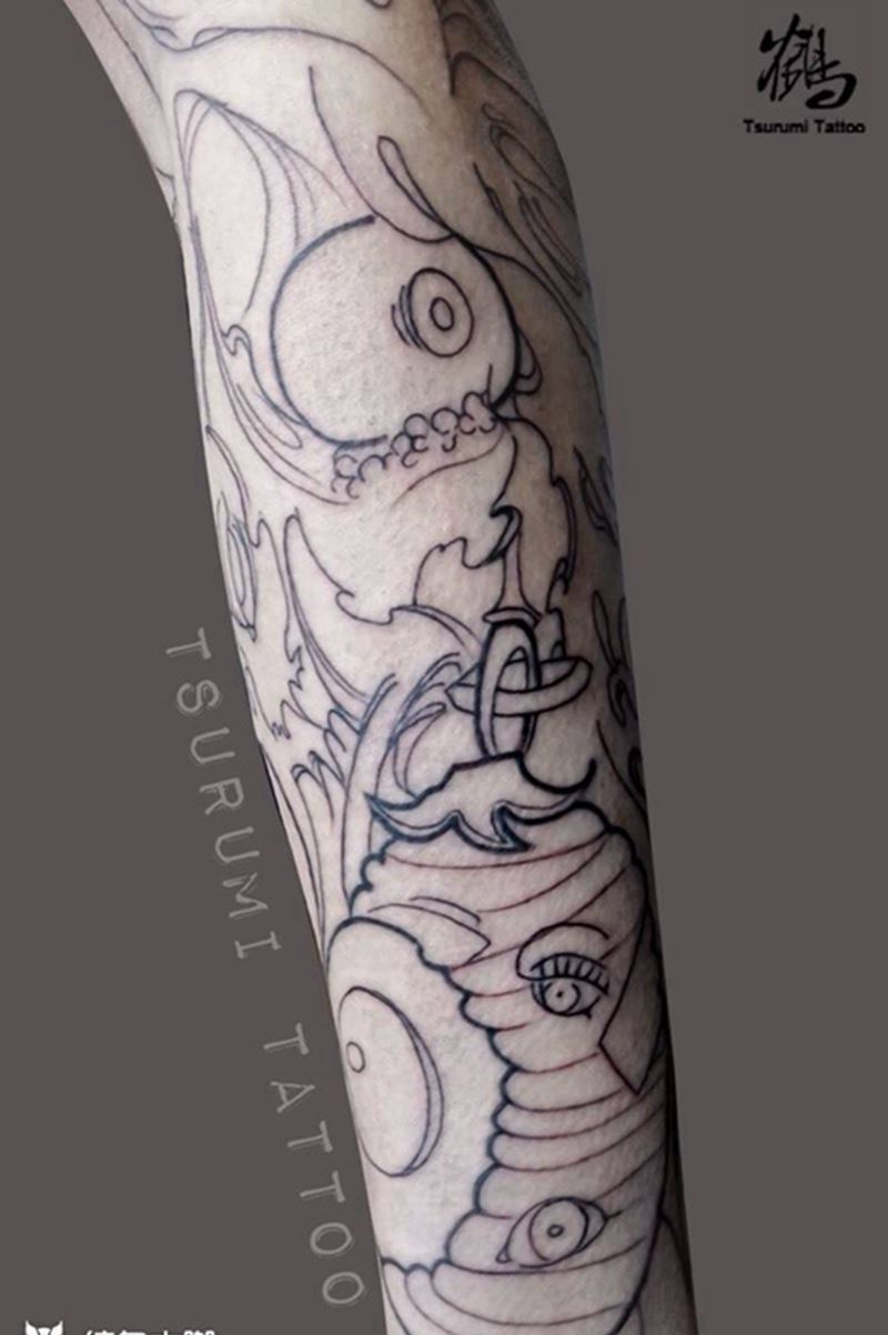 花臂3未完纹身图片_成品手臂清新原创鬼神动物纹身图案