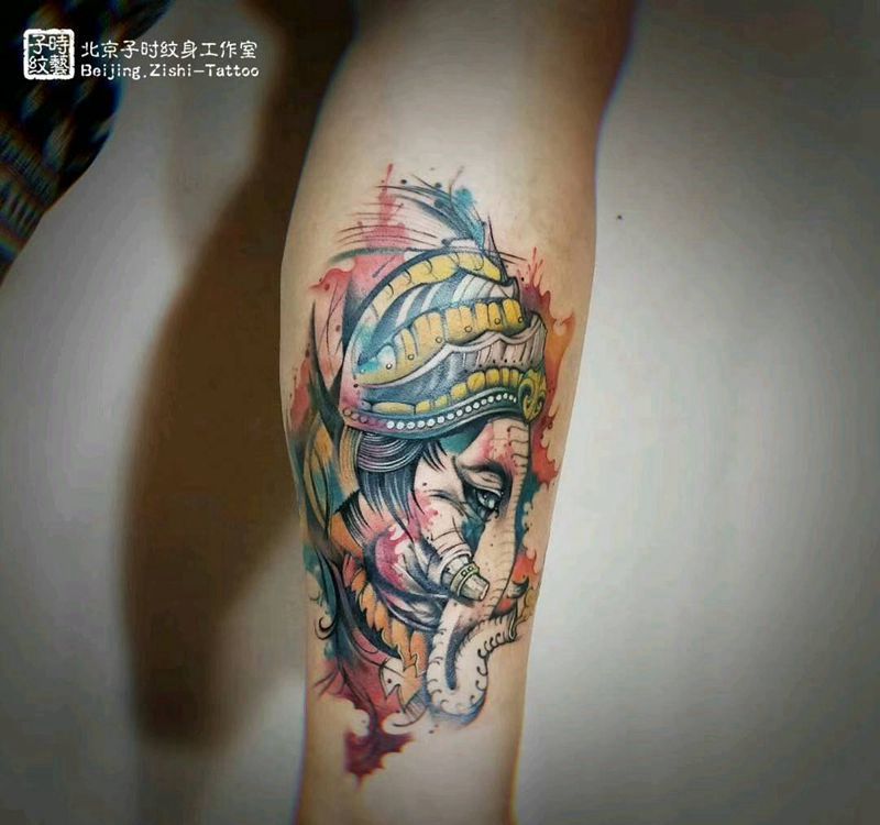 水彩象神纹身图片_腿部新传统水彩纹身图案