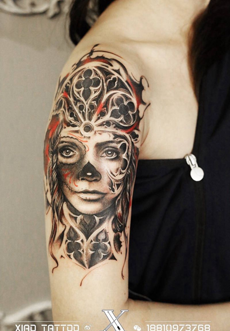亡灵女孩纹身图片_成品手臂欧美人物原创纹身图案