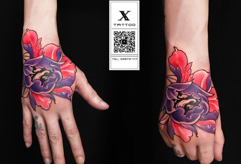 牡丹纹身图片_成品手部传统植物原创纹身图案