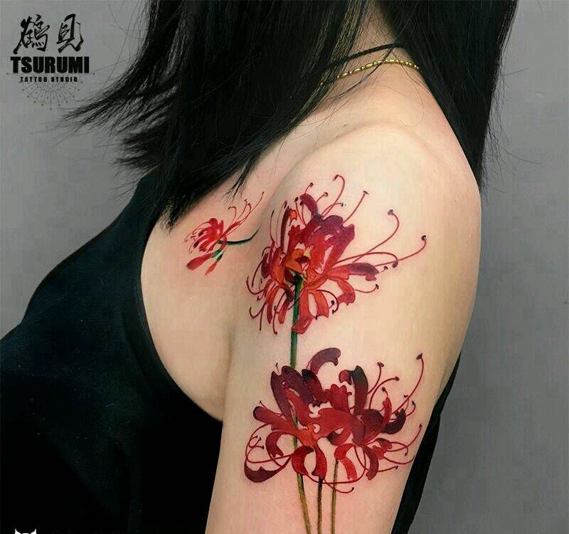鹤见私人定制原创刺青【彼岸花】纹身图片_肩部手臂清新植物原创成品纹身图案