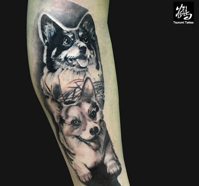 柯基纹身图片_成品腿部欧美写实原创动物纹身图案