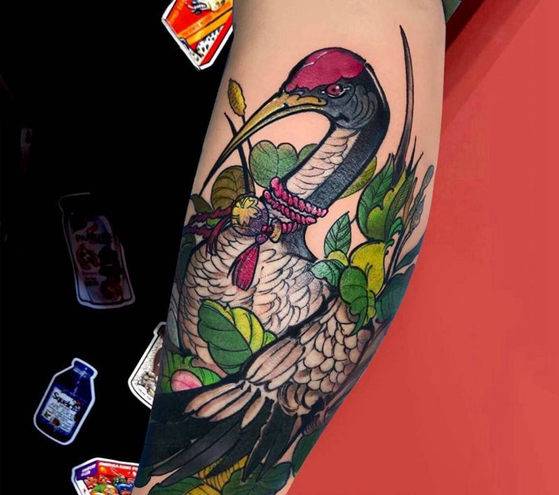 【鶴】纹身图片_腿部New School鶴日式鸟纹身图案