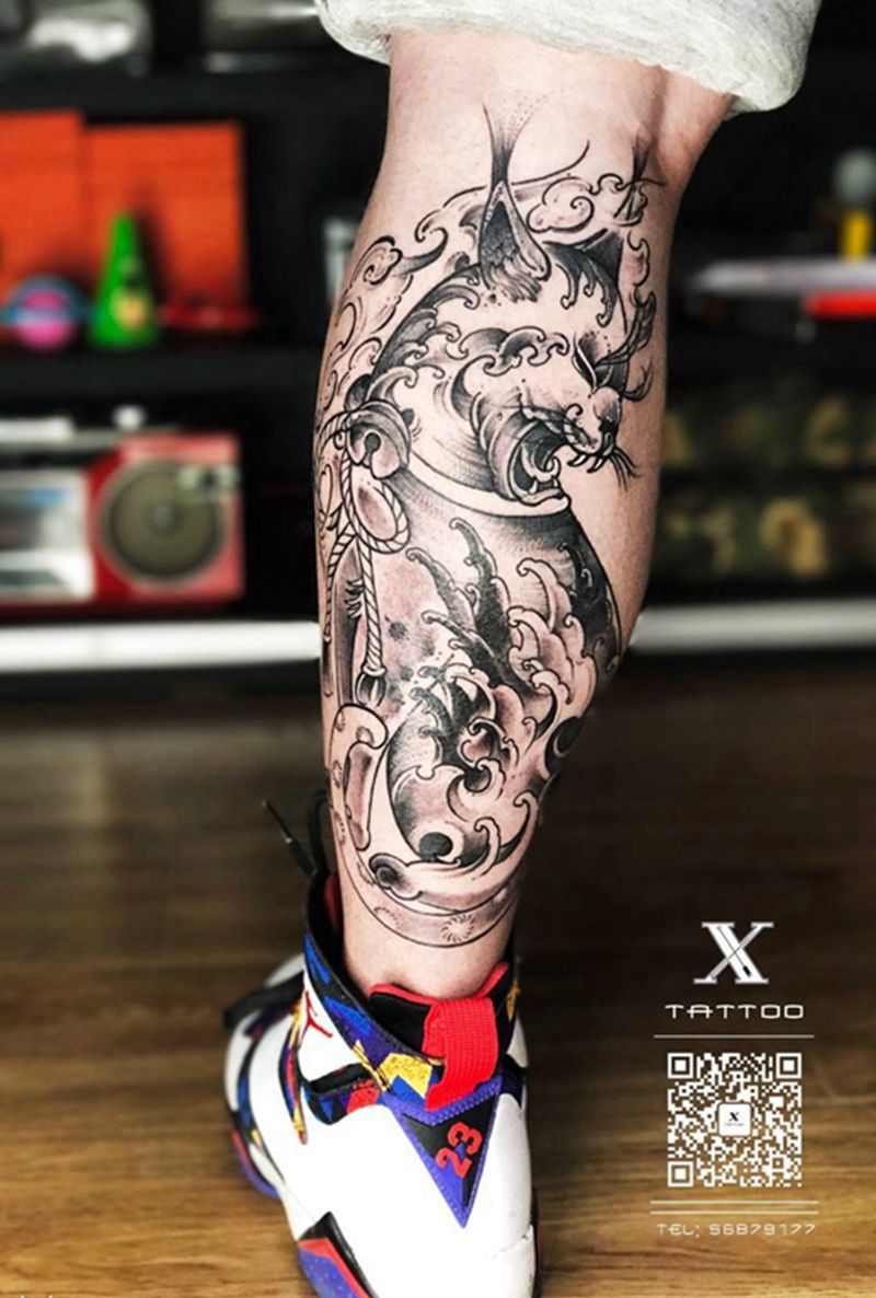 大喵纹身图片_成品腿部传统动物概念半成品纹身图案