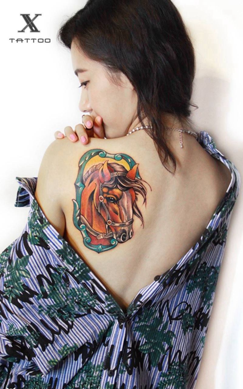 马纹身图片_成品背部欧美原创动物纹身图案