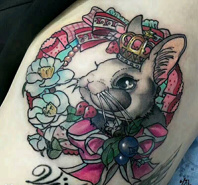 原创【兔兔山茶花】纹身图片_腿部清新动物植物原创成品纹身图案