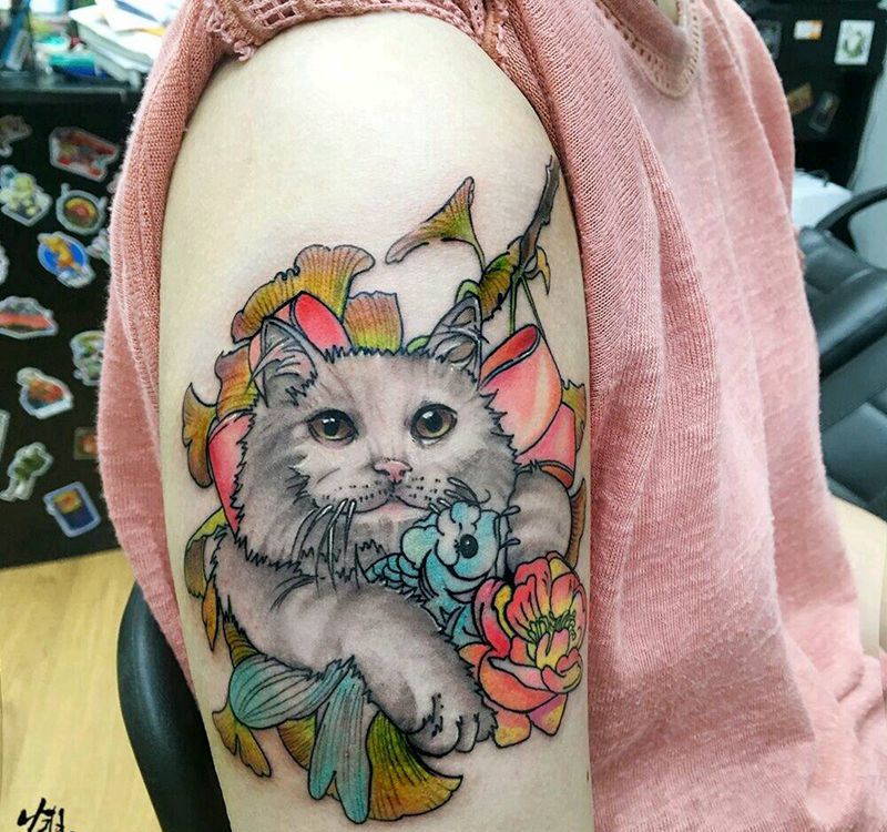 鹤见原创【银杏猫鱼】纹身图片_手臂清新写实动物植物静物原创成品手稿纹身图案