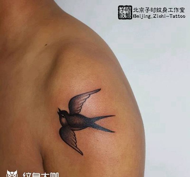 燕子纹身图片_肩部Old School纹身图案