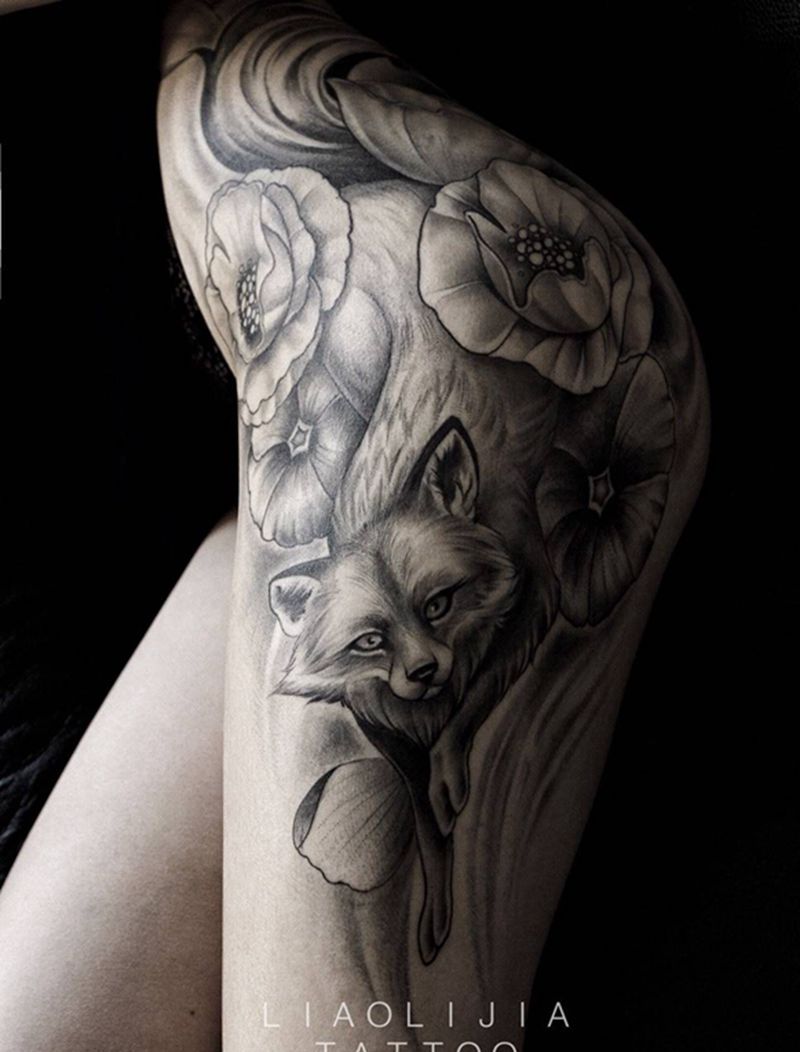 狐狸纹身图片_成品腿部写实欧美清新动物纹身图案